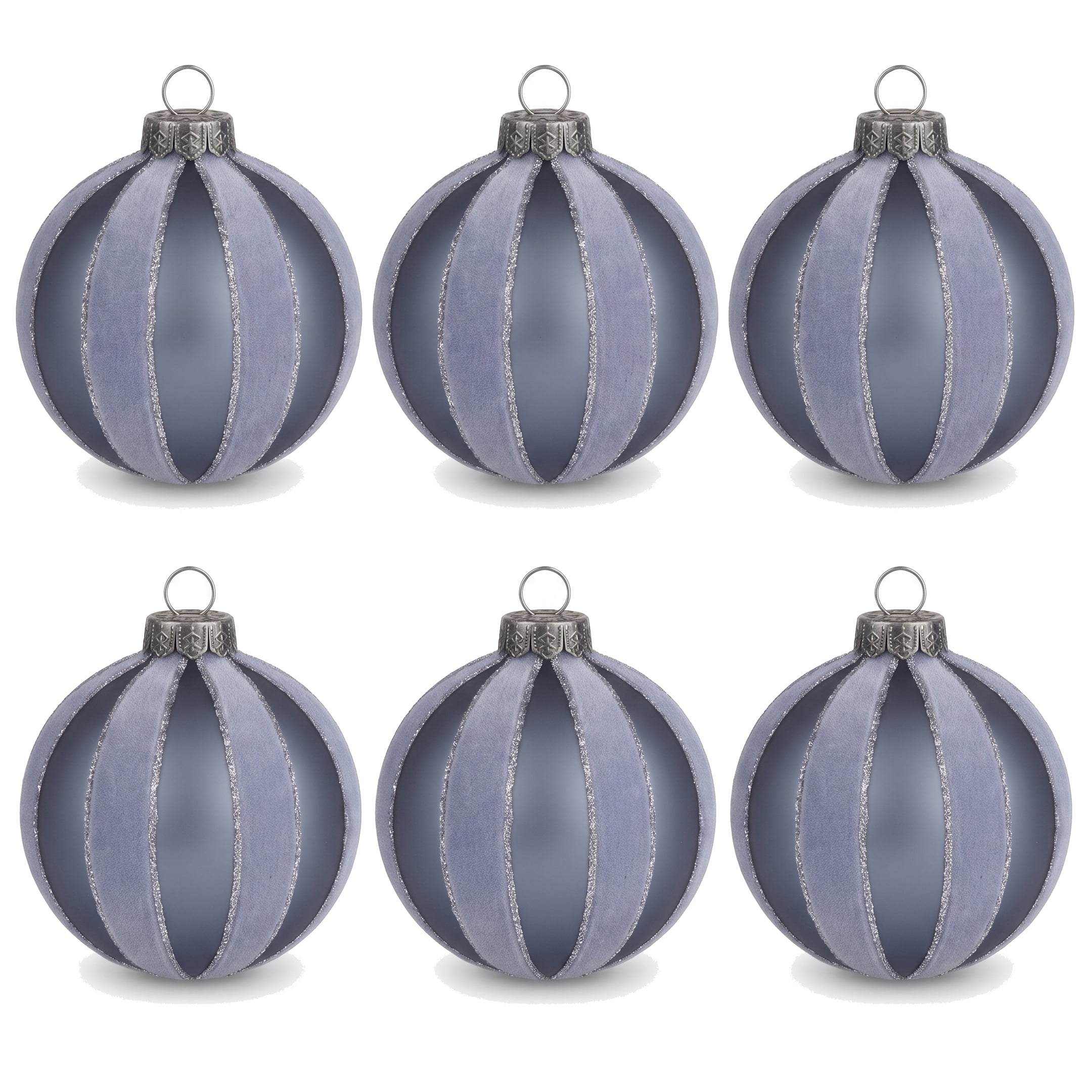 Christabelle 6 Grey Glass Christmas Baubles Velvet Stripe Silver Trim 8cm Xmas Tree Decorations Hanging Ornaments