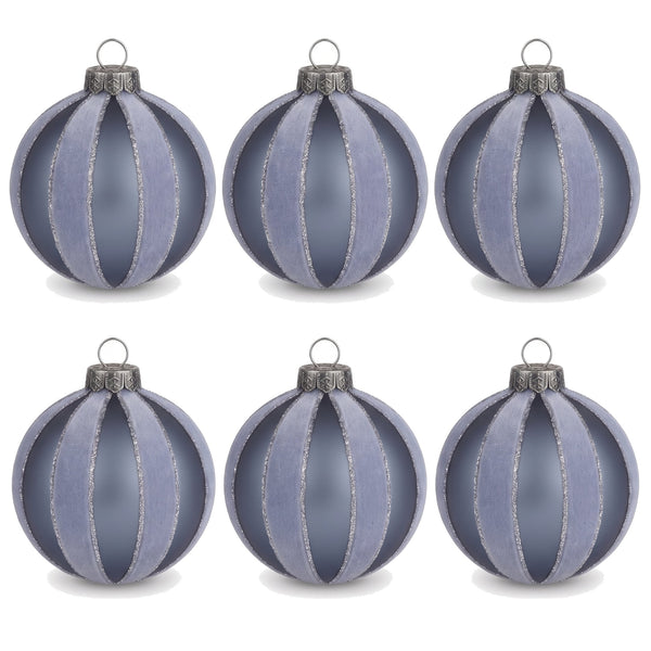 Christabelle 6 Grey Glass Christmas Baubles Velvet Stripe Silver Trim 8cm Xmas Tree Decorations Hanging Ornaments