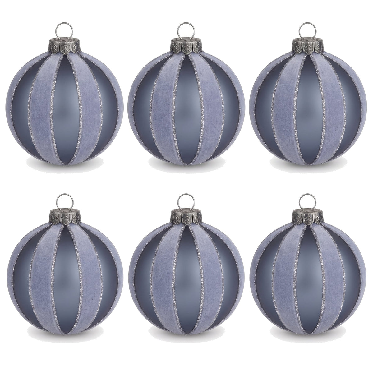 Christabelle 6 Grey Glass Christmas Baubles Velvet Stripe Silver Trim 8cm Xmas Tree Decorations Hanging Ornaments