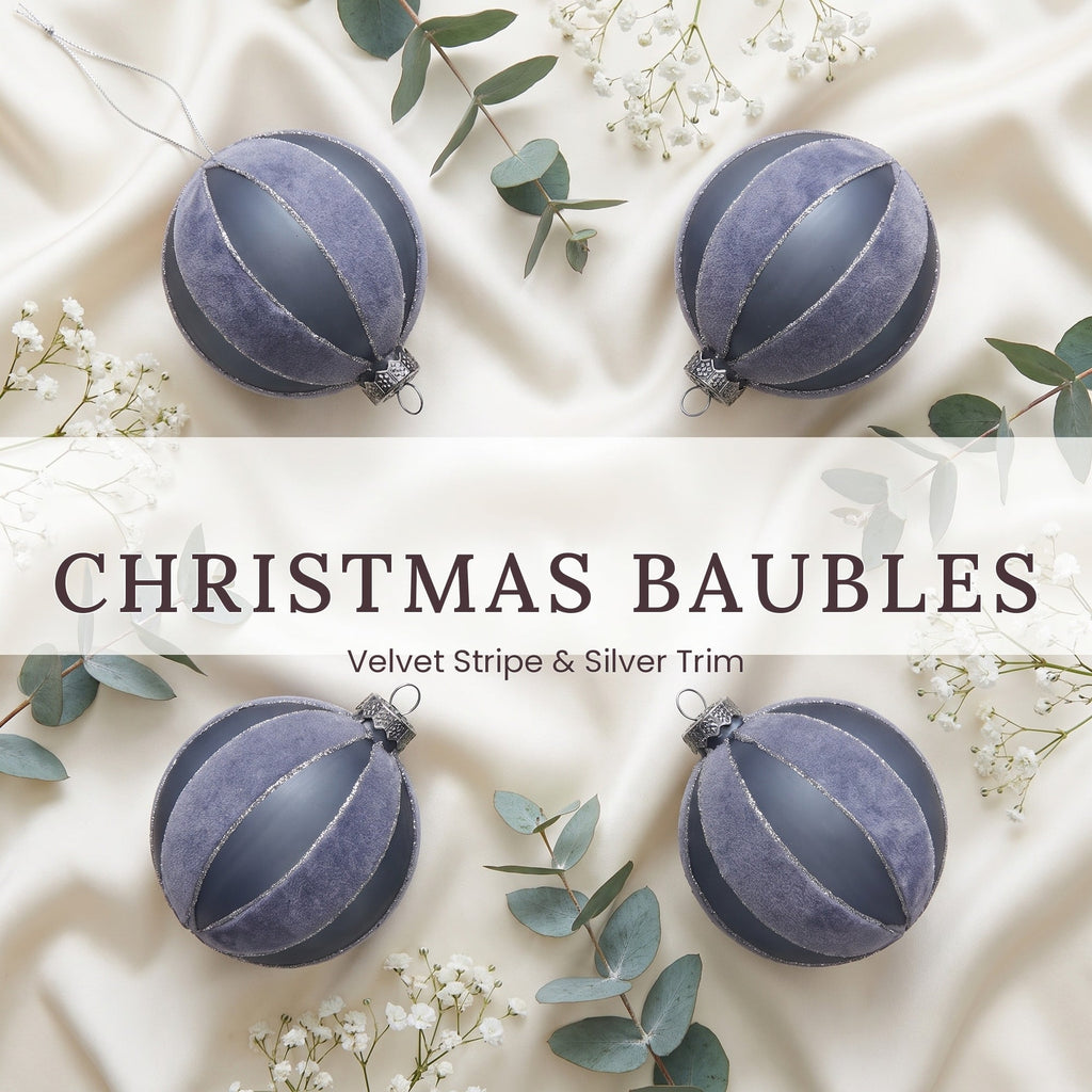 Christabelle 6 Grey Glass Christmas Baubles Velvet Stripe Silver Trim 8cm Xmas Tree Decorations Hanging Ornaments
