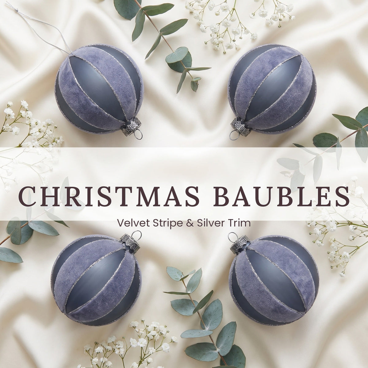 Christabelle 6 Grey Glass Christmas Baubles Velvet Stripe Silver Trim 8cm Xmas Tree Decorations Hanging Ornaments
