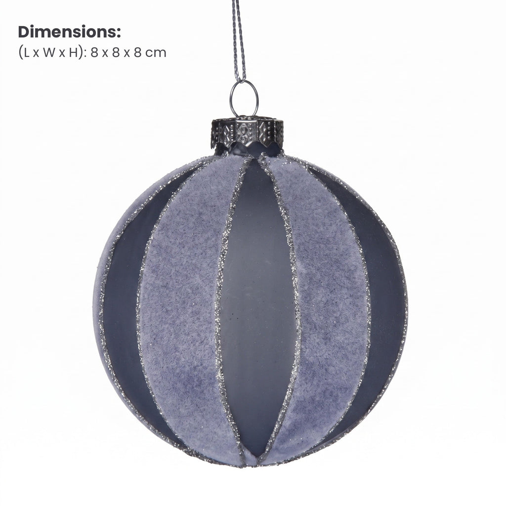 Christabelle 6 Grey Glass Christmas Baubles Velvet Stripe Silver Trim 8cm Xmas Tree Decorations Hanging Ornaments