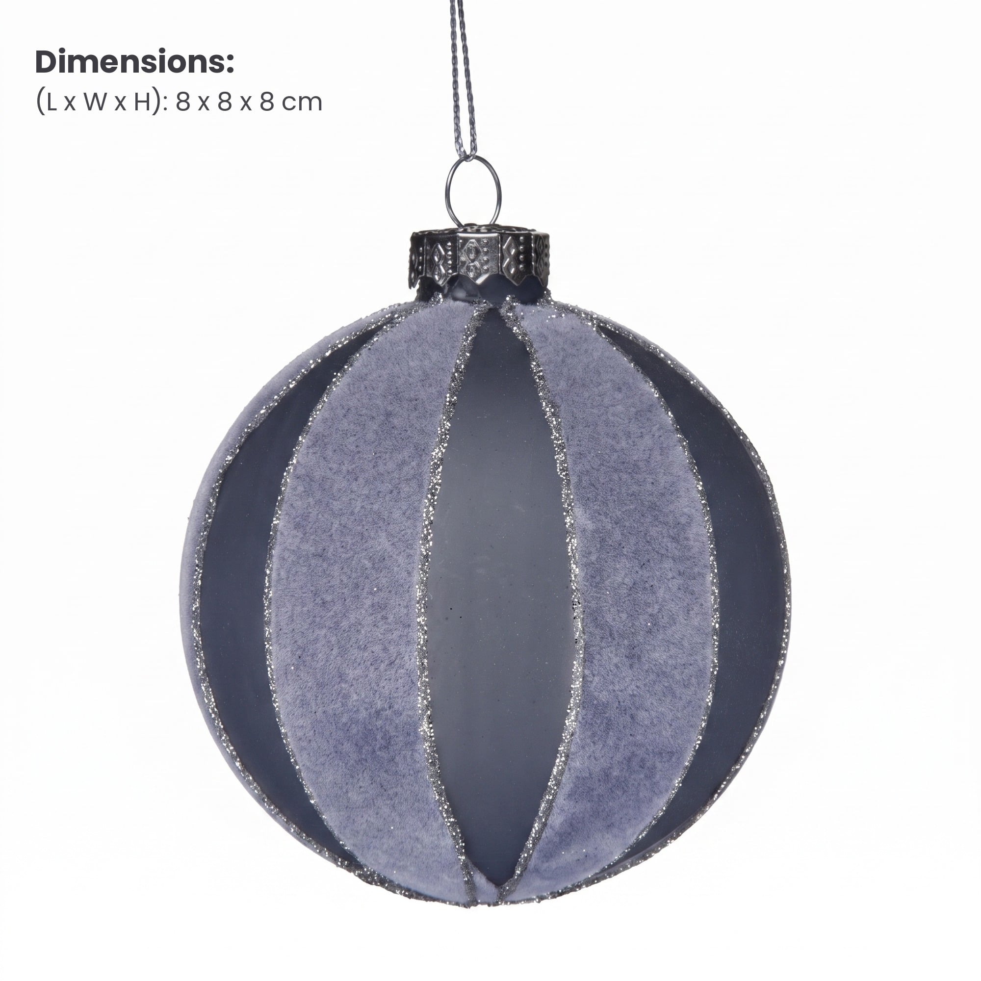 Christabelle 6 Grey Glass Christmas Baubles Velvet Stripe Silver Trim 8cm Xmas Tree Decorations Hanging Ornaments
