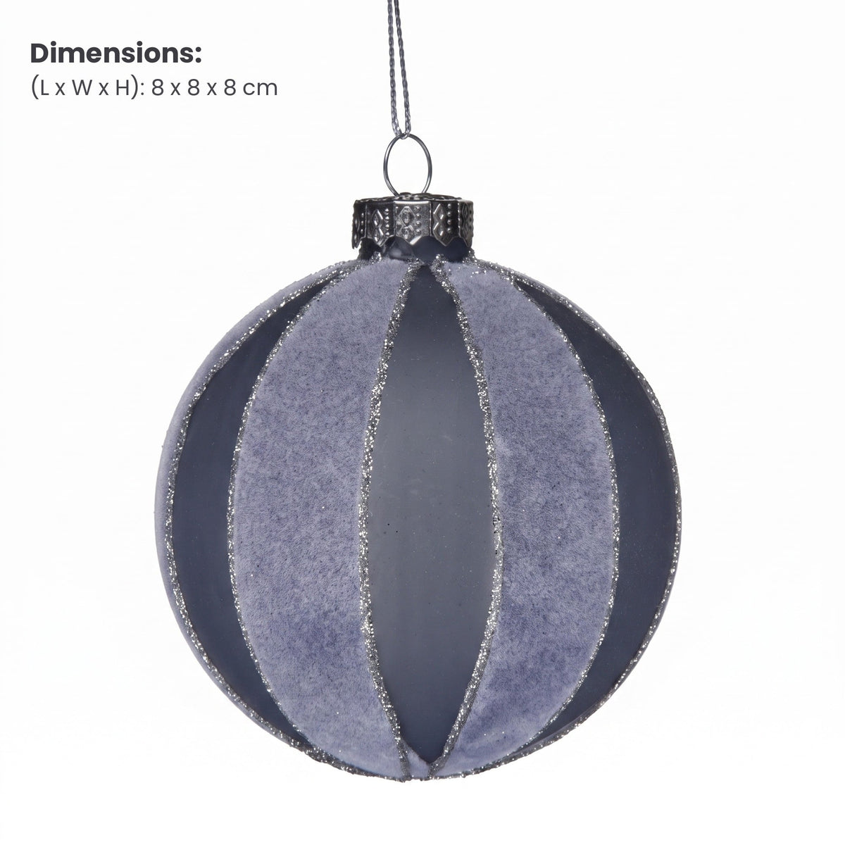 Christabelle 6 Grey Glass Christmas Baubles Velvet Stripe Silver Trim 8cm Xmas Tree Decorations Hanging Ornaments
