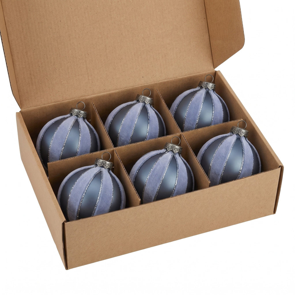 Christabelle 6 Grey Glass Christmas Baubles Velvet Stripe Silver Trim 8cm Xmas Tree Decorations Hanging Ornaments