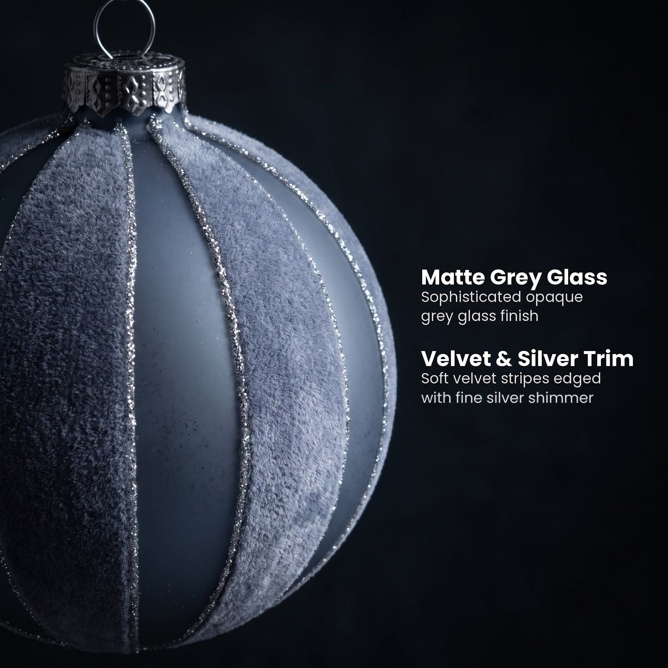 Christabelle 6 Grey Glass Christmas Baubles Velvet Stripe Silver Trim 8cm Xmas Tree Decorations Hanging Ornaments