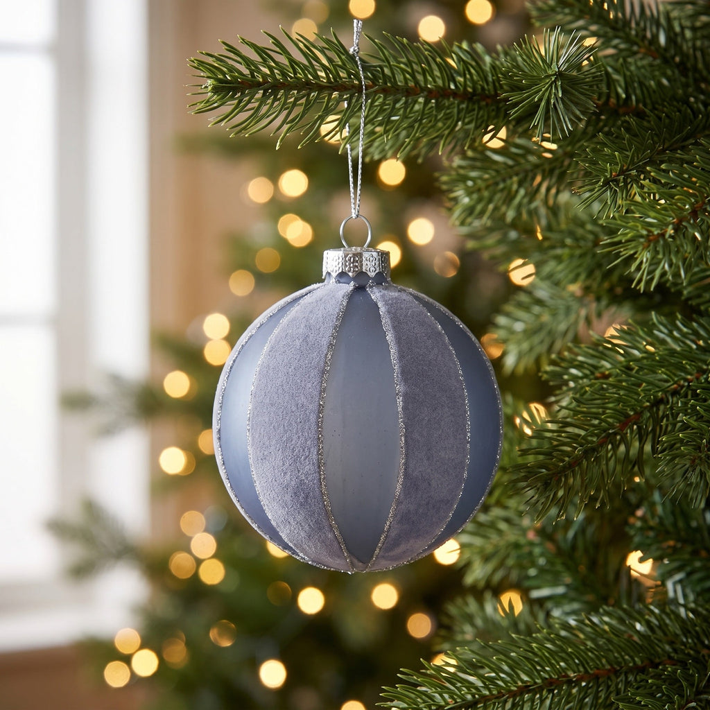 Christabelle 6 Grey Glass Christmas Baubles Velvet Stripe Silver Trim 8cm Xmas Tree Decorations Hanging Ornaments