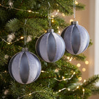 Christabelle 6 Grey Glass Christmas Baubles Velvet Stripe Silver Trim 8cm Xmas Tree Decorations Hanging Ornaments