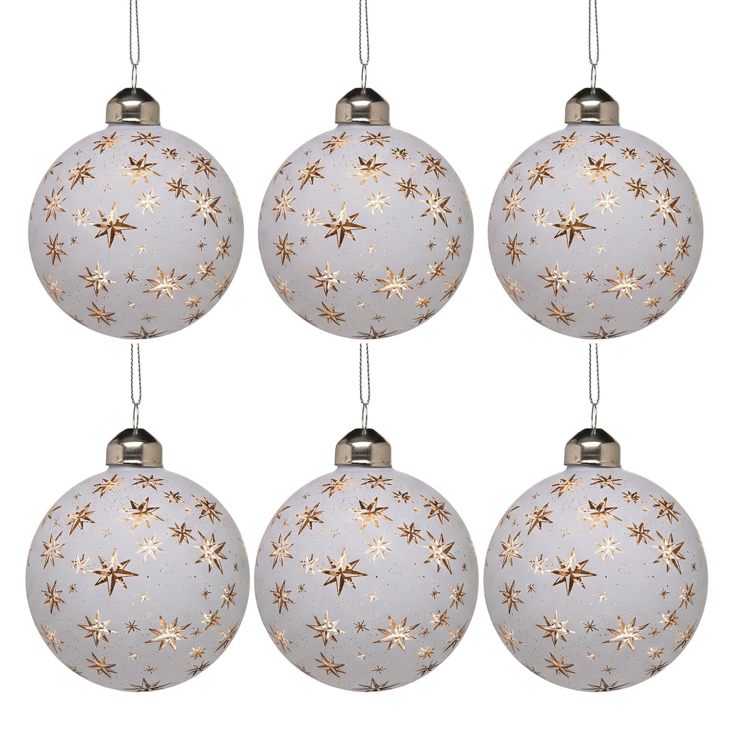 Christabelle 6 White Glass Christmas Baubles Gold Star 8cm Xmas Tree Decorations Hanging Ornaments Gift Boxed Set