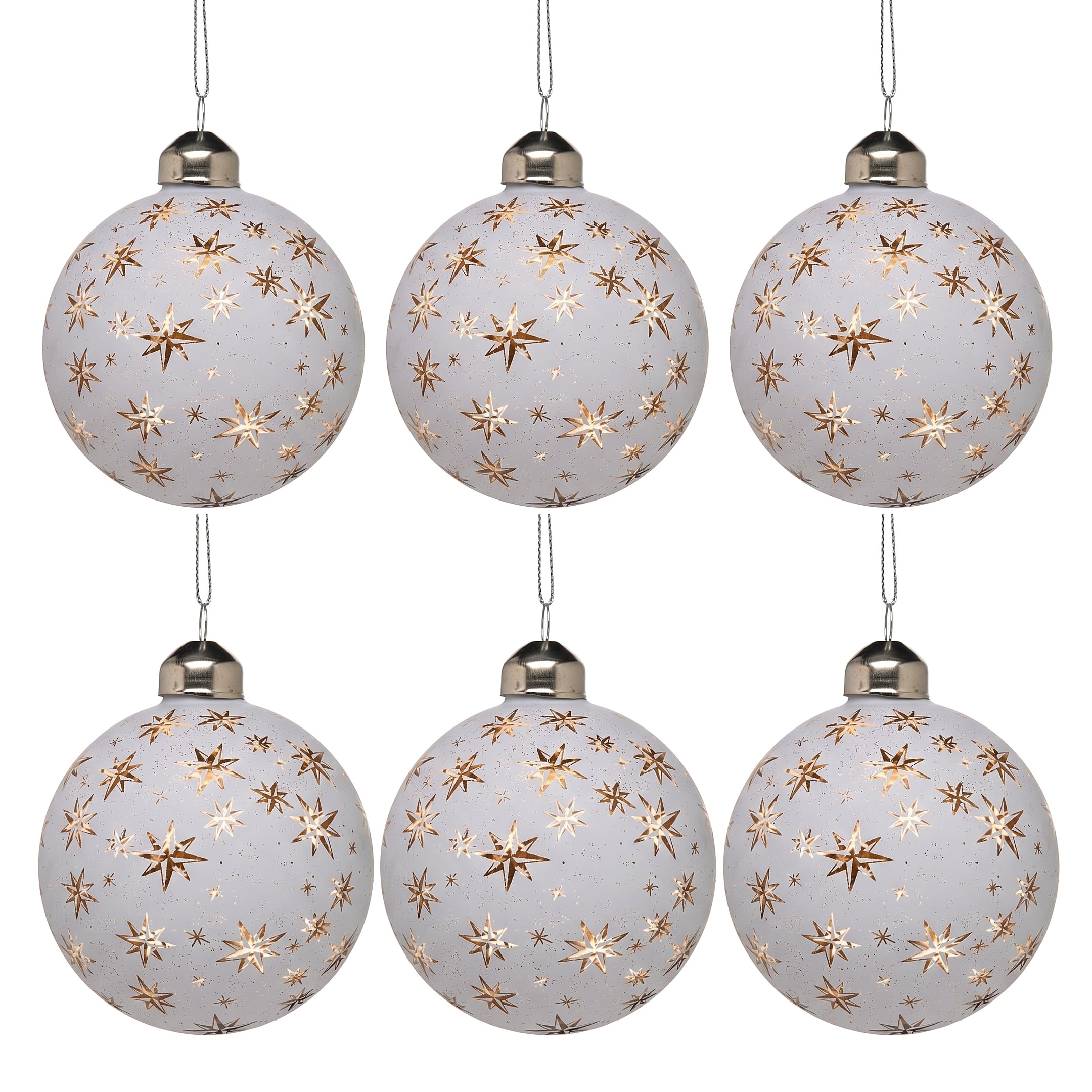 Christabelle 6 White Glass Christmas Baubles Gold Star 8cm Xmas Tree Decorations Hanging Ornaments Gift Boxed Set