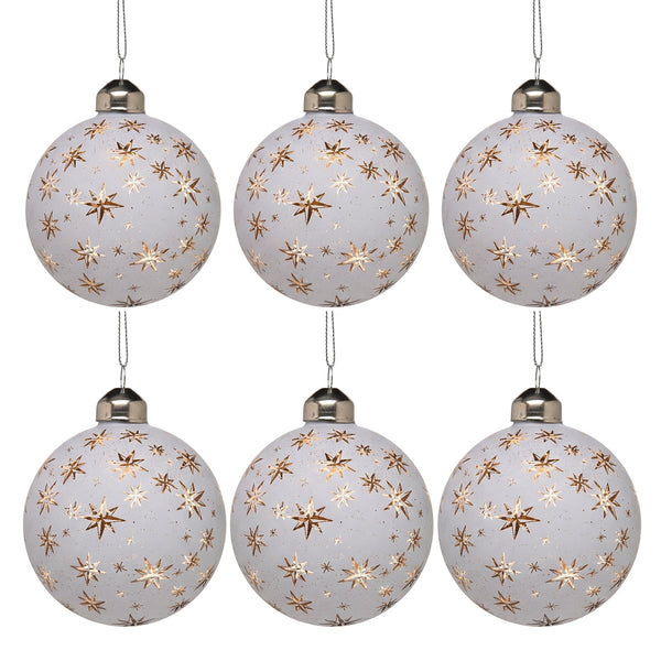 Christabelle 6 White Glass Christmas Baubles Gold Star 8cm Xmas Tree Decorations Hanging Ornaments Gift Boxed Set