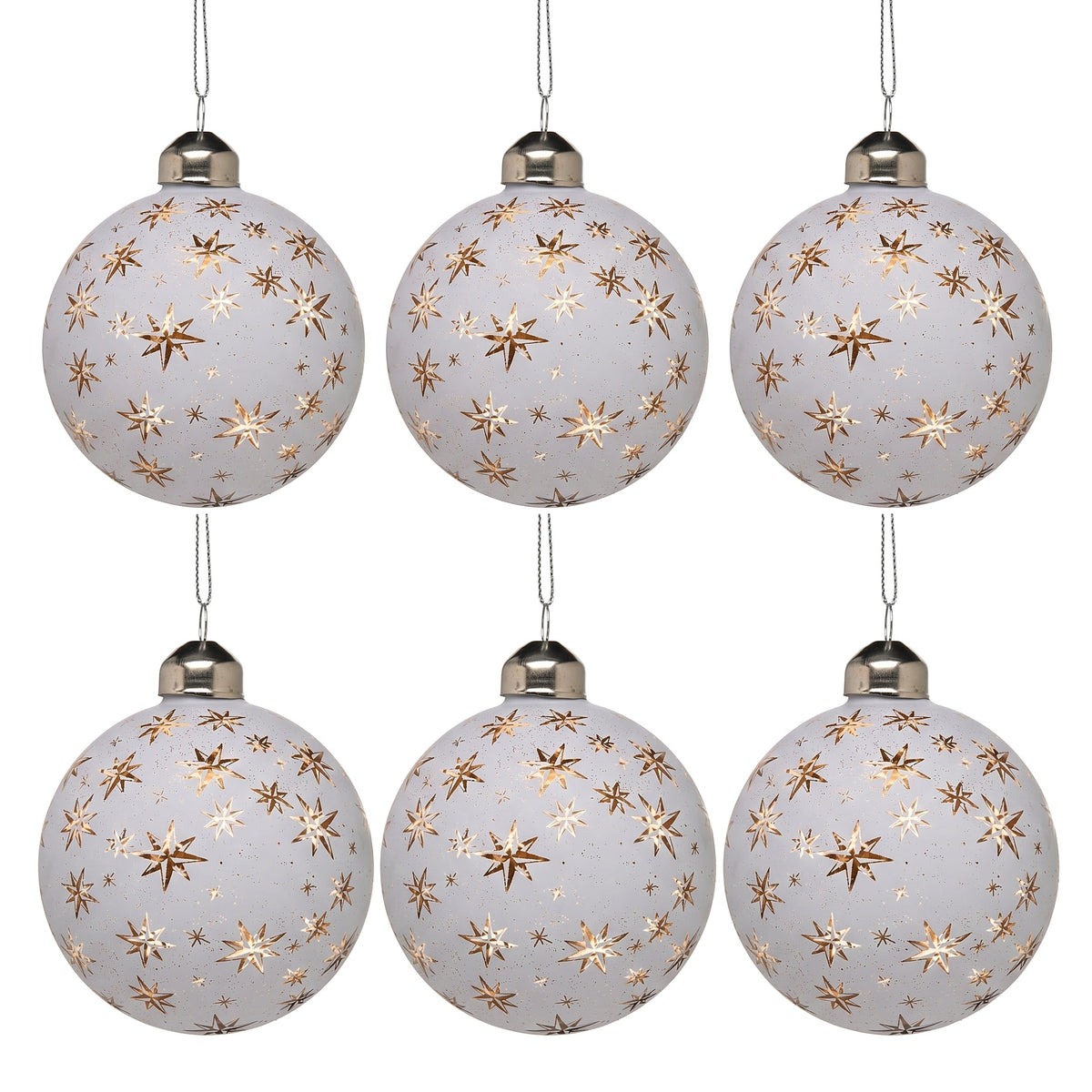 Christabelle 6 Large White Glass Christmas Baubles Gold Star 8cm Xmas Tree Decorations Hanging Ornaments Boxed Set