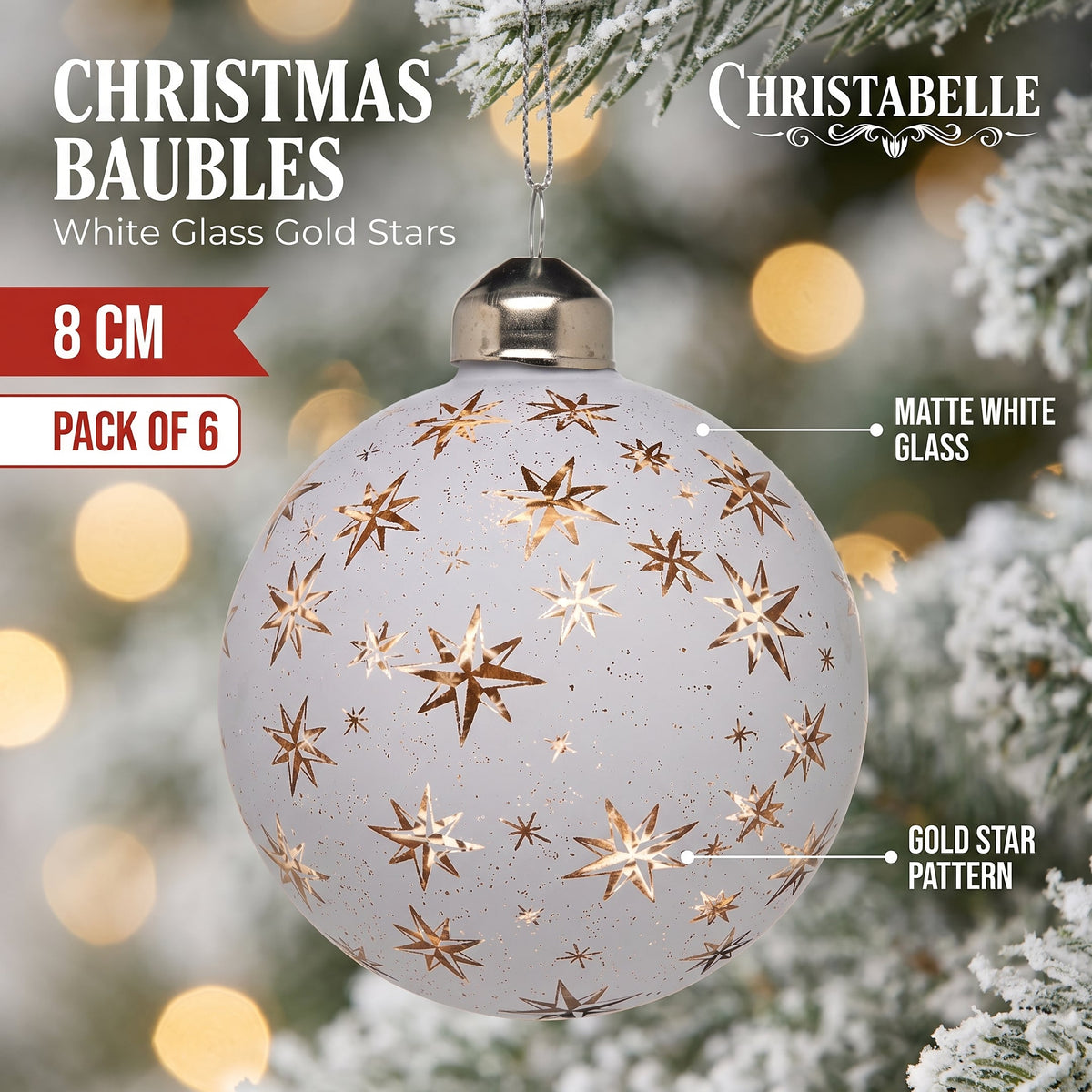 Christabelle 6 Large White Glass Christmas Baubles Gold Star 8cm Xmas Tree Decorations Hanging Ornaments Boxed Set