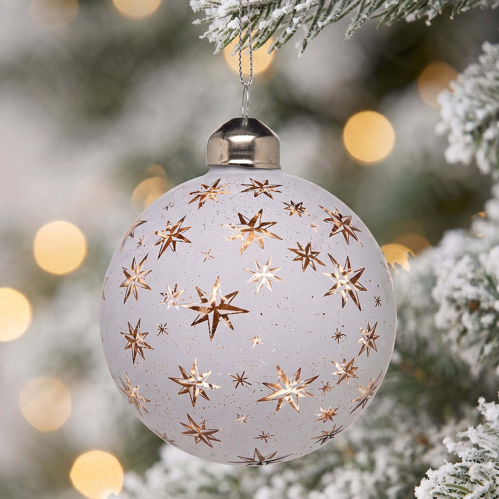 Christabelle 6 White Glass Christmas Baubles Gold Star 8cm Xmas Tree Decorations Hanging Ornaments Gift Boxed Set