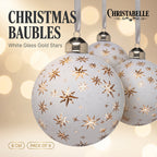 Christabelle 6 White Glass Christmas Baubles Gold Star 8cm Xmas Tree Decorations Hanging Ornaments Gift Boxed Set