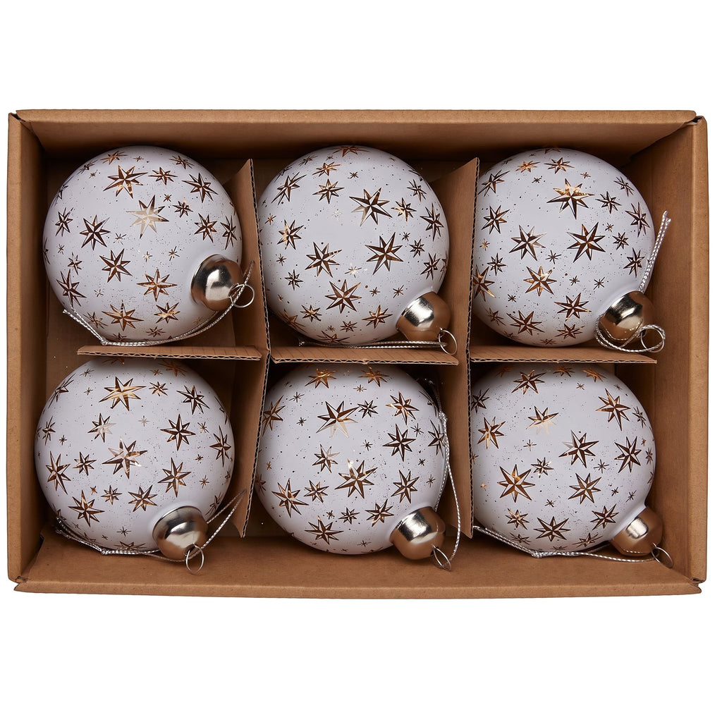 Christabelle 6 White Glass Christmas Baubles Gold Star 8cm Xmas Tree Decorations Hanging Ornaments Gift Boxed Set