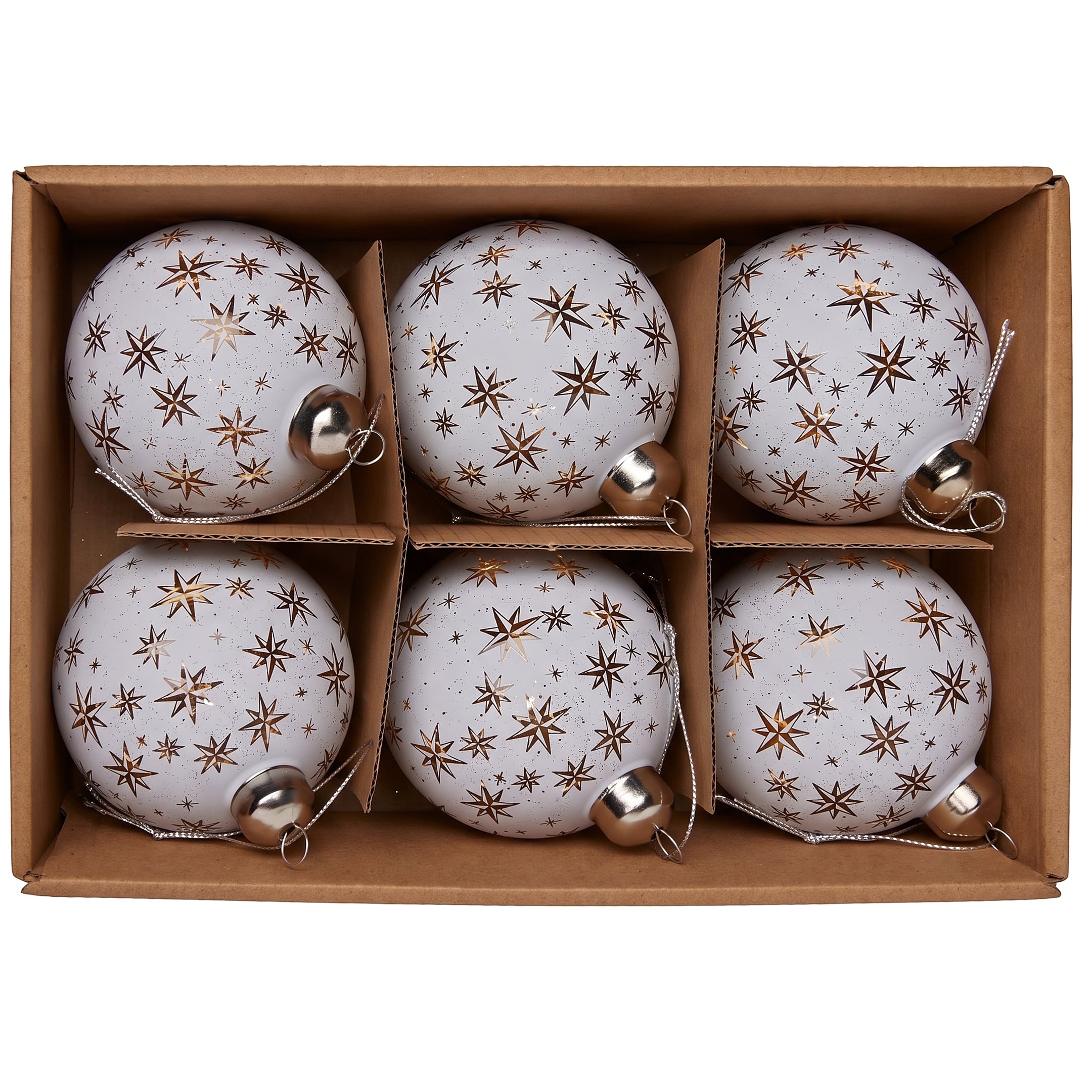 Christabelle 6 White Glass Christmas Baubles Gold Star 8cm Xmas Tree Decorations Hanging Ornaments Gift Boxed Set