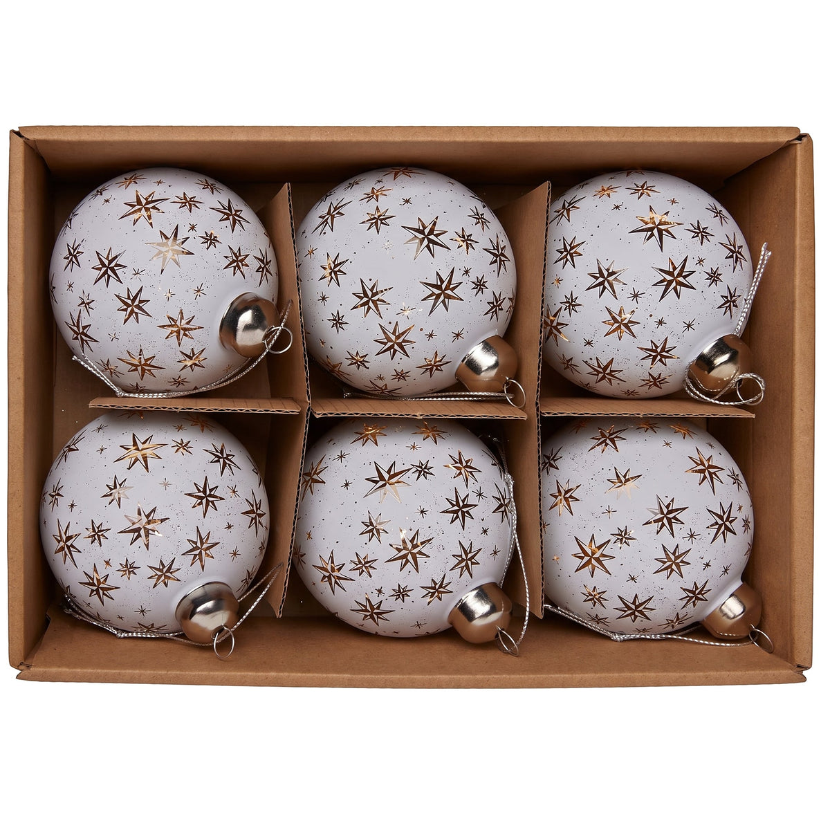 Christabelle 6 Large White Glass Christmas Baubles Gold Star 8cm Xmas Tree Decorations Hanging Ornaments Boxed Set