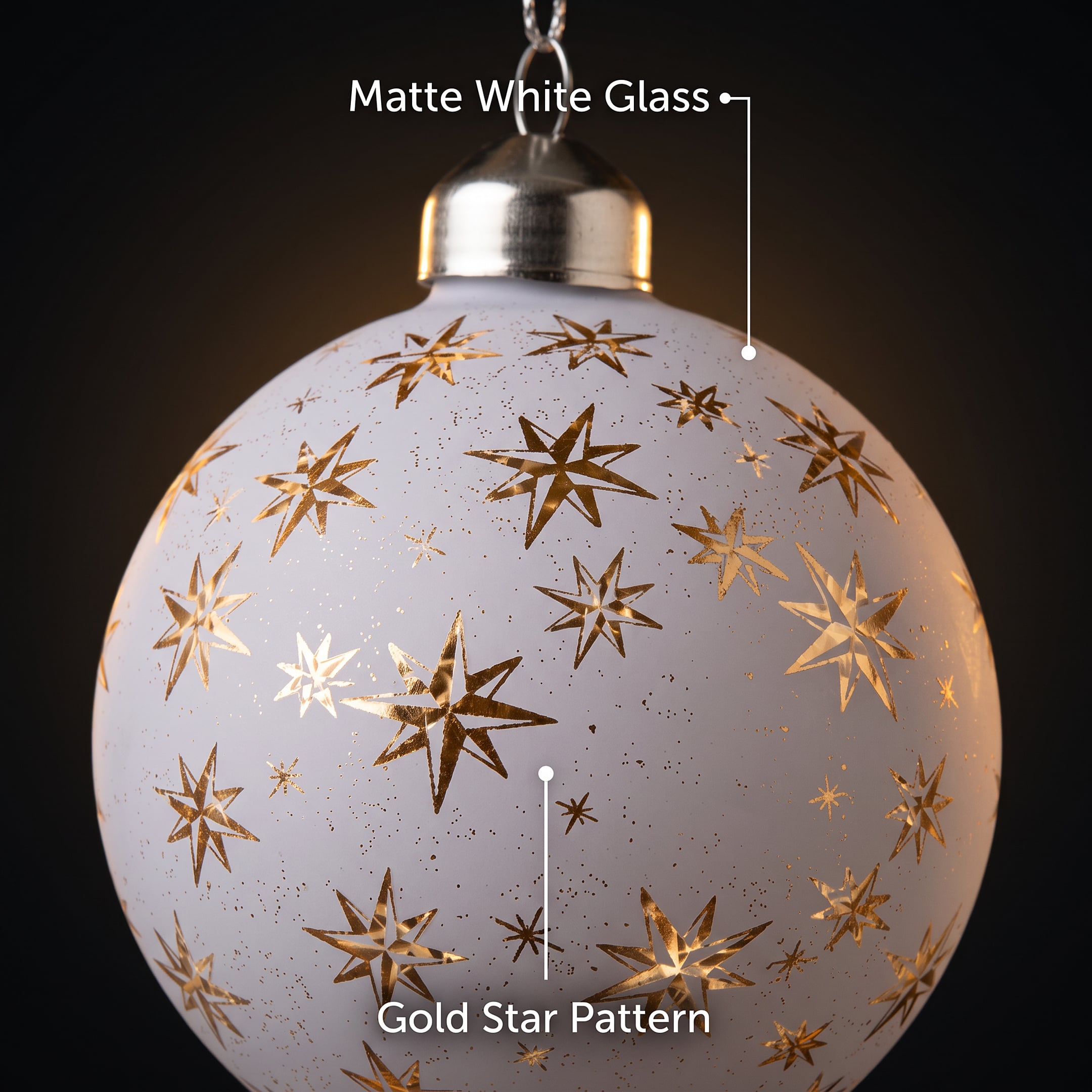 Christabelle 6 White Glass Christmas Baubles Gold Star 8cm Xmas Tree Decorations Hanging Ornaments Gift Boxed Set