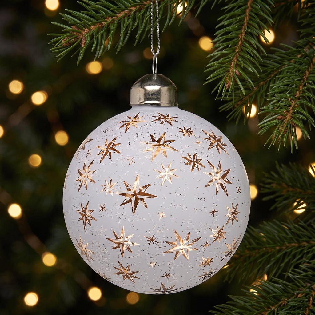 Christabelle 6 White Glass Christmas Baubles Gold Star 8cm Xmas Tree Decorations Hanging Ornaments Gift Boxed Set