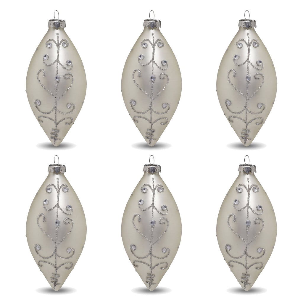 Christabelle 6 White Glass Christmas Teardrop Baubles Silver Jewel 13cm Xmas Tree Decorations Hanging Ornaments