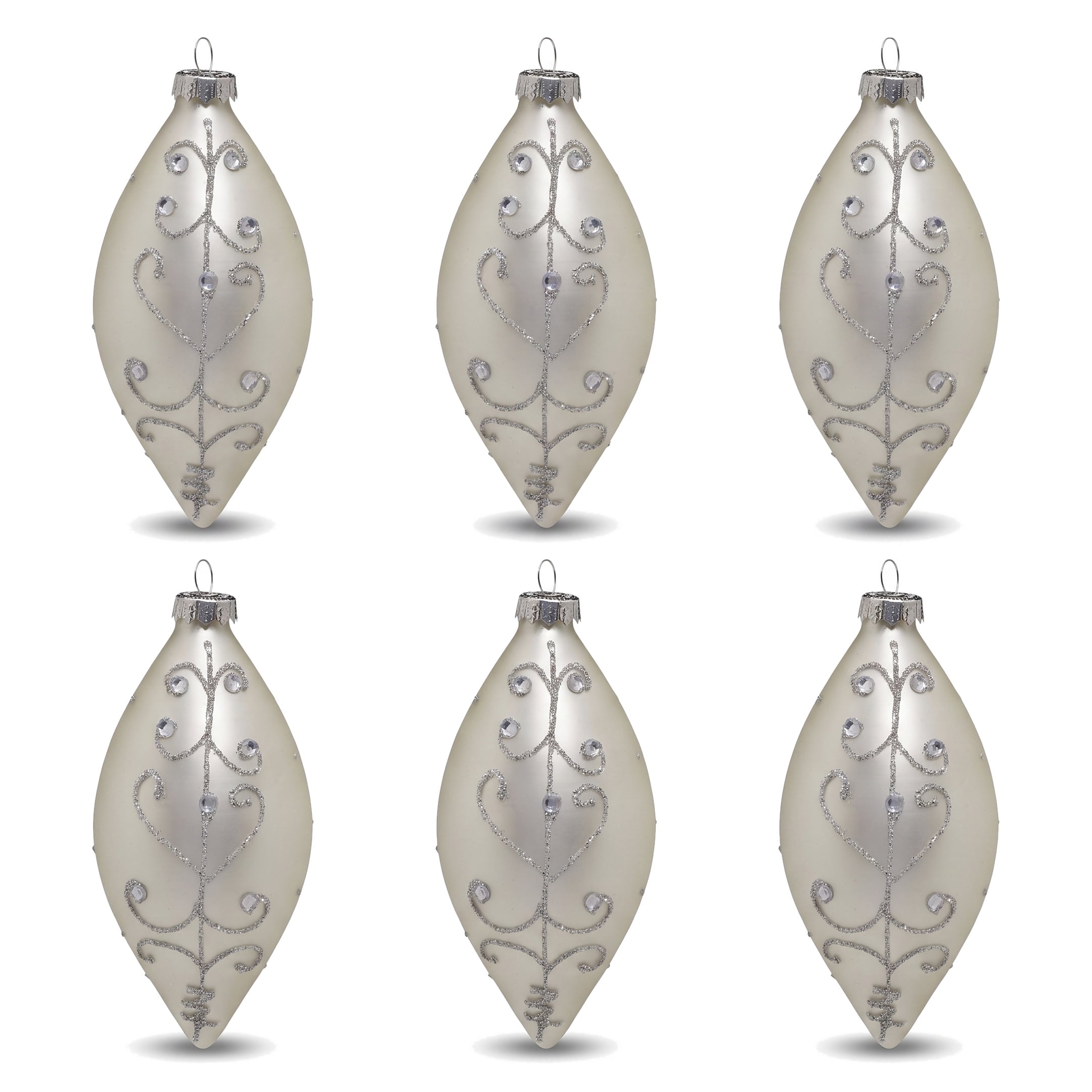 Christabelle 6 White Glass Christmas Teardrop Baubles Silver Jewel 13cm Xmas Tree Decorations Hanging Ornaments