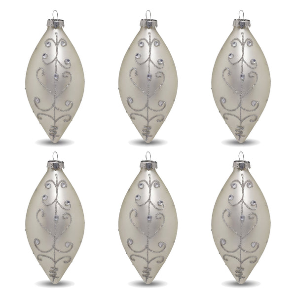 Christabelle 6 White Glass Christmas Teardrop Baubles Silver Jewel 13cm Xmas Tree Decorations Hanging Ornaments