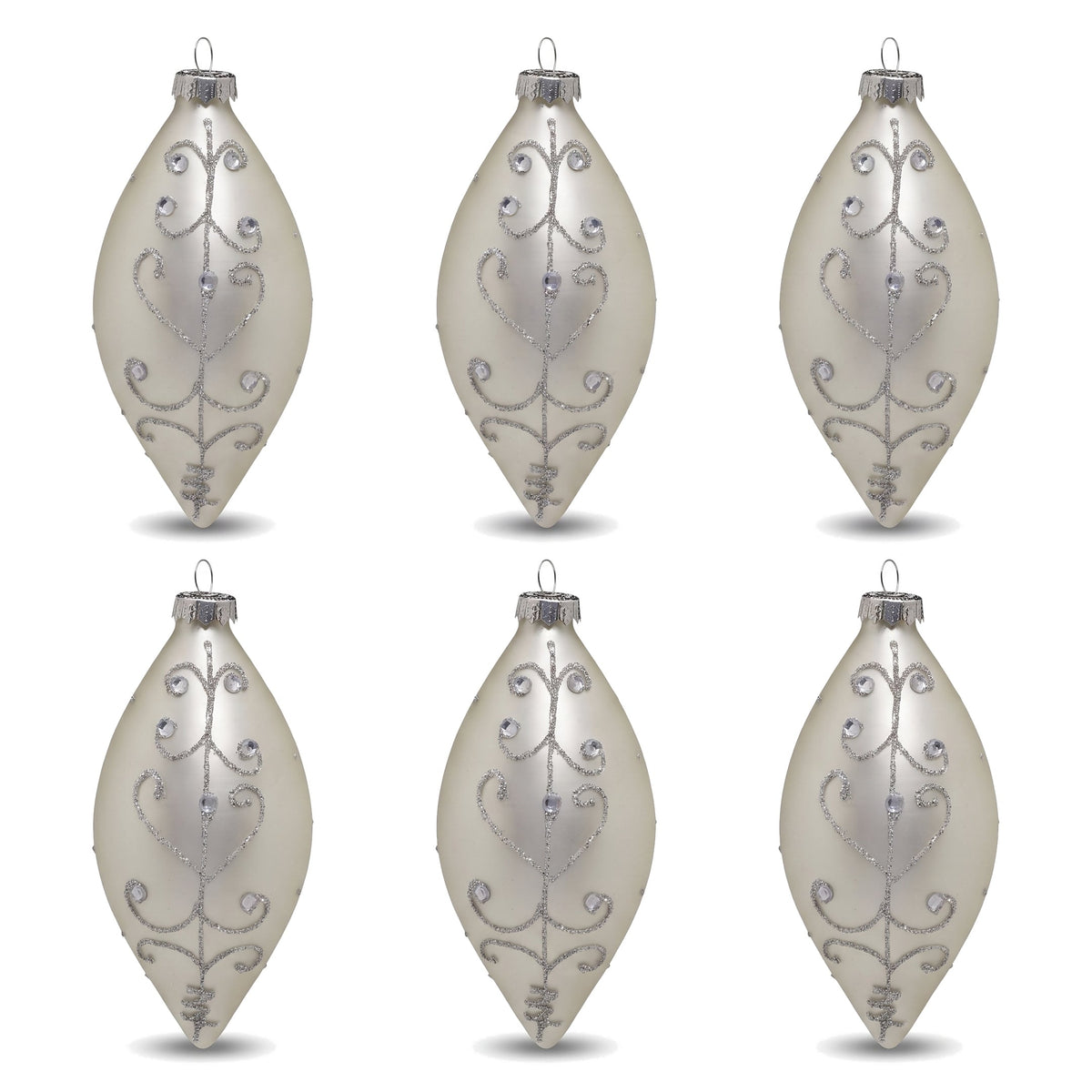 Christabelle 6 White Glass Christmas Teardrop Baubles Silver Jewel 13cm Xmas Tree Decorations Hanging Ornaments