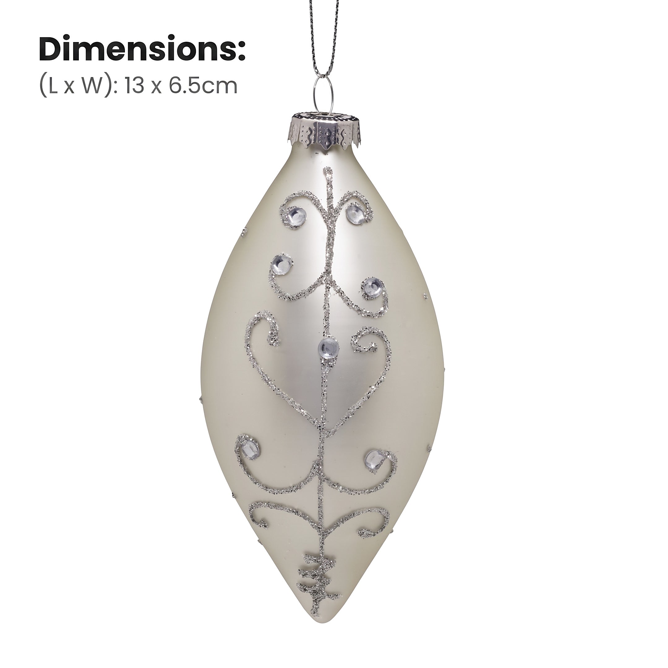 Christabelle 6 White Glass Christmas Teardrop Baubles Silver Jewel 13cm Xmas Tree Decorations Hanging Ornaments