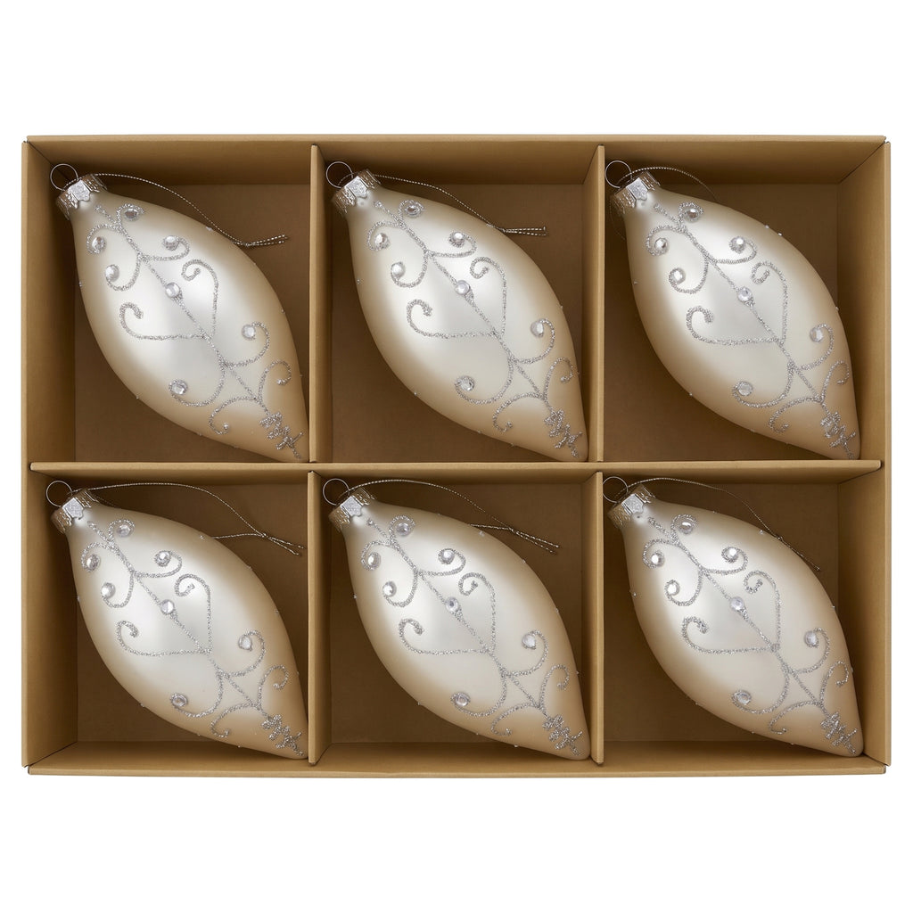 Christabelle 6 White Glass Christmas Teardrop Baubles Silver Jewel 13cm Xmas Tree Decorations Hanging Ornaments