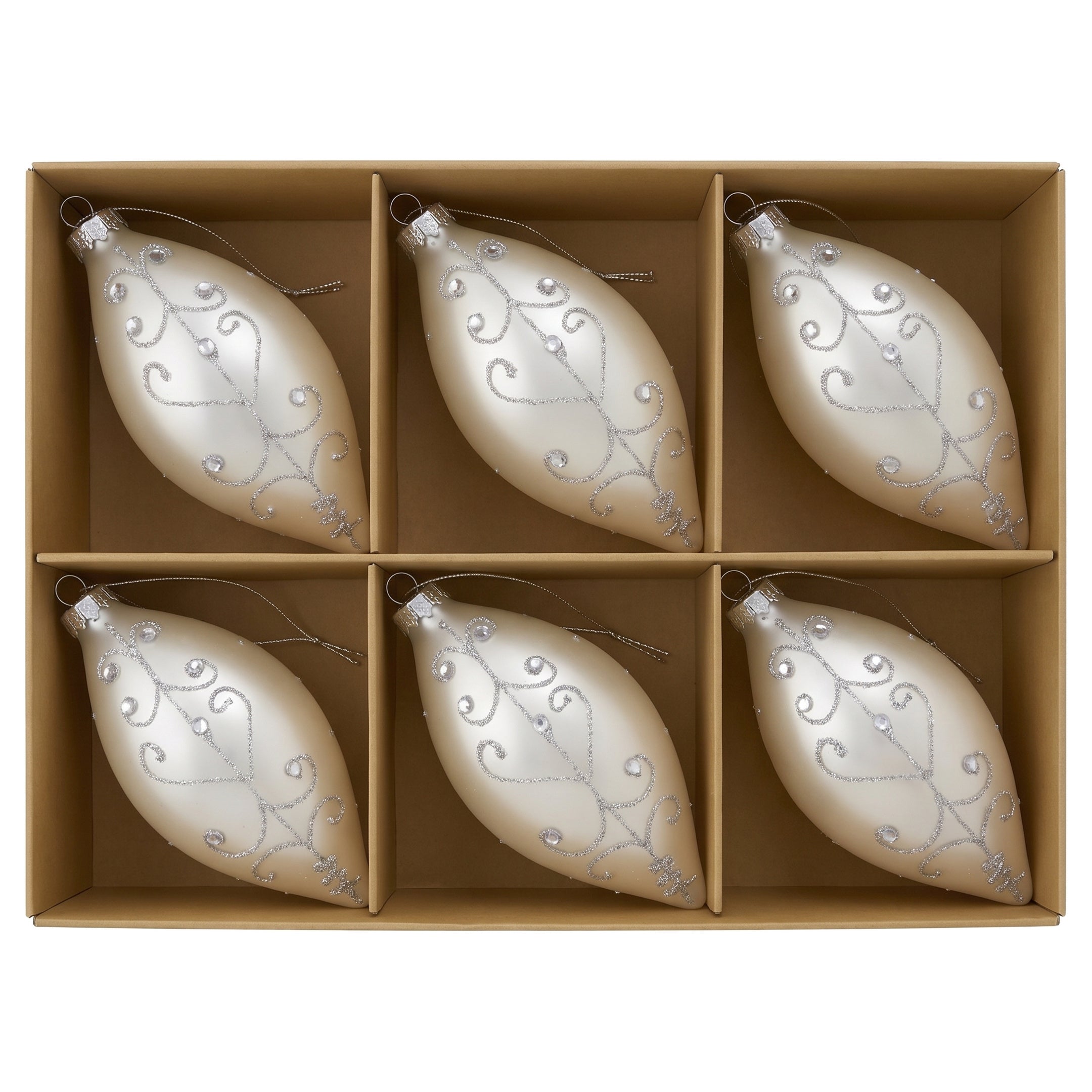 Christabelle 6 White Glass Christmas Teardrop Baubles Silver Jewel 13cm Xmas Tree Decorations Hanging Ornaments