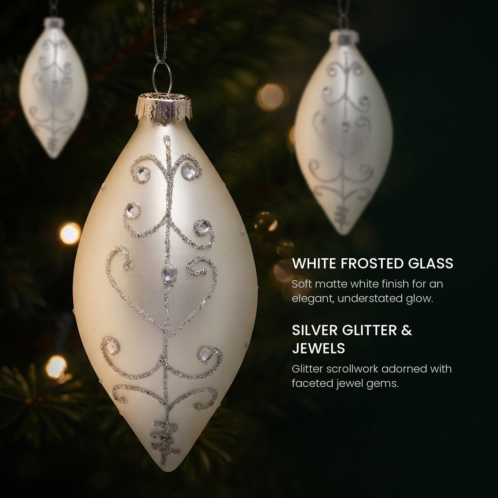 Christabelle 6 White Glass Christmas Teardrop Baubles Silver Jewel 13cm Xmas Tree Decorations Hanging Ornaments