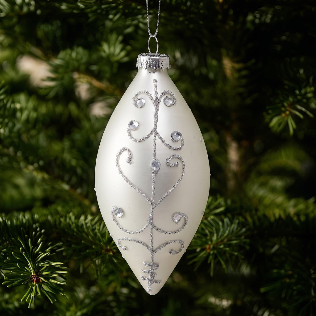 Christabelle 6 White Glass Christmas Teardrop Baubles Silver Jewel 13cm Xmas Tree Decorations Hanging Ornaments