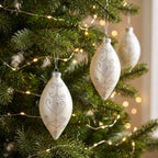Christabelle 6 White Glass Christmas Teardrop Baubles Silver Jewel 13cm Xmas Tree Decorations Hanging Ornaments