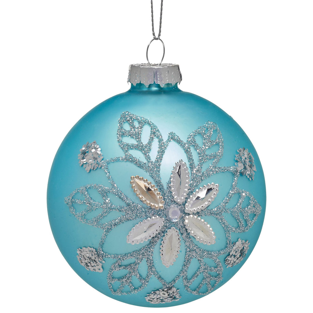 Christabelle Box of 6 Teal Glass Baubles with Snowflake Pattern & Central Jewel
