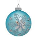 Christabelle Box of 6 Teal Glass Baubles with Snowflake Pattern & Central Jewel
