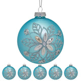 Christabelle Box of 6 Teal Glass Baubles with Snowflake Pattern & Central Jewel