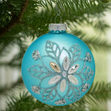 Christabelle Box of 6 Teal Glass Baubles with Snowflake Pattern & Central Jewel