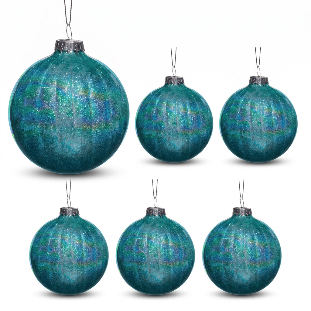 Christabelle 6 Teal Glass Christmas Baubles Textured Gloss 8cm Xmas Tree Decorations Hanging Ornaments Gift Boxed Set