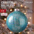 Christabelle 6 Teal Glass Christmas Baubles Textured Gloss 8cm Xmas Tree Decorations Hanging Ornaments Gift Boxed Set