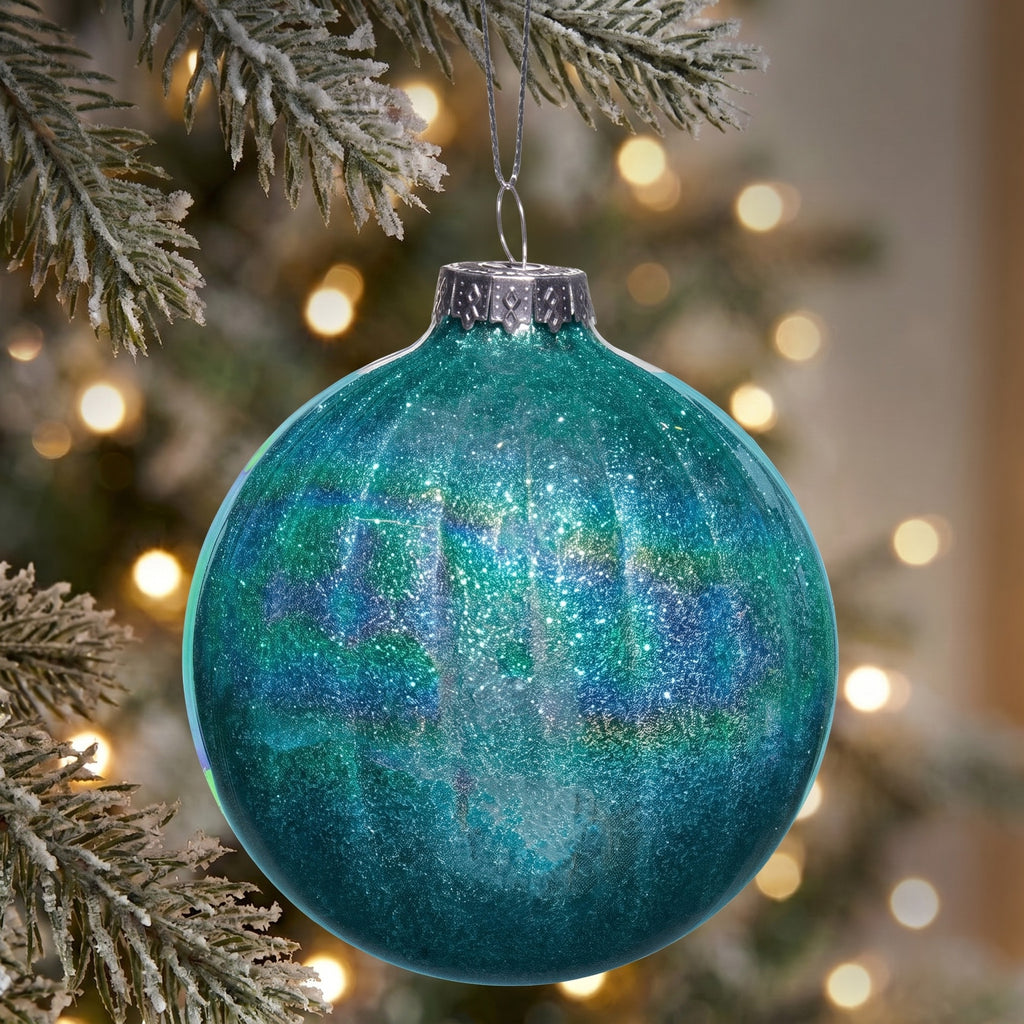 Christabelle 6 Teal Glass Christmas Baubles Textured Gloss 8cm Xmas Tree Decorations Hanging Ornaments Gift Boxed Set