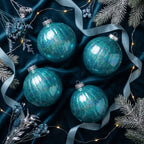 Christabelle 6 Teal Glass Christmas Baubles Textured Gloss 8cm Xmas Tree Decorations Hanging Ornaments Gift Boxed Set