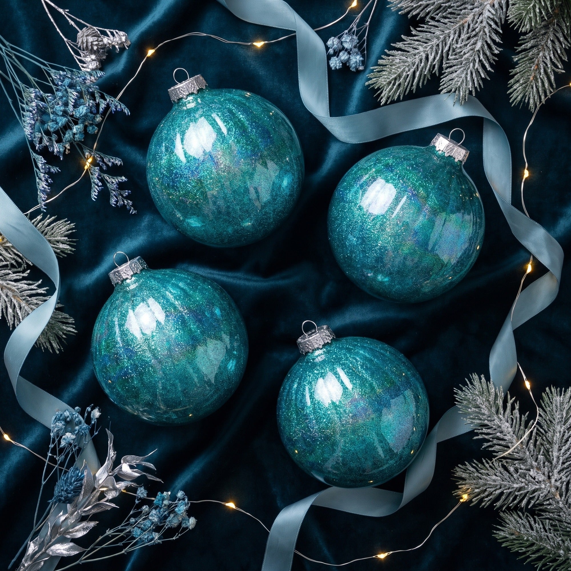 Christabelle 6 Teal Glass Christmas Baubles Textured Gloss 8cm Xmas Tree Decorations Hanging Ornaments Gift Boxed Set