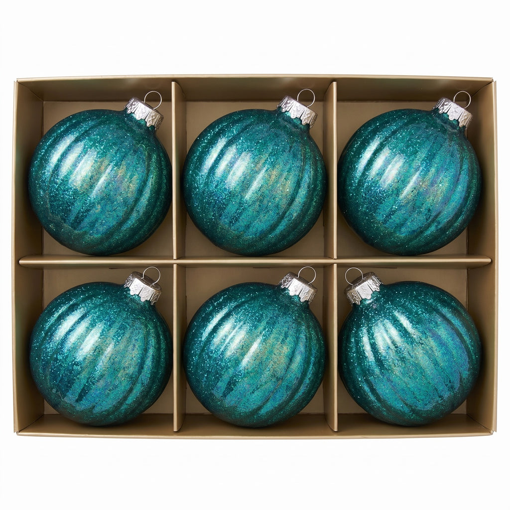 Christabelle 6 Teal Glass Christmas Baubles Textured Gloss 8cm Xmas Tree Decorations Hanging Ornaments Gift Boxed Set