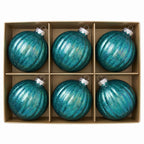 Christabelle 6 Teal Glass Christmas Baubles Textured Gloss 8cm Xmas Tree Decorations Hanging Ornaments Gift Boxed Set