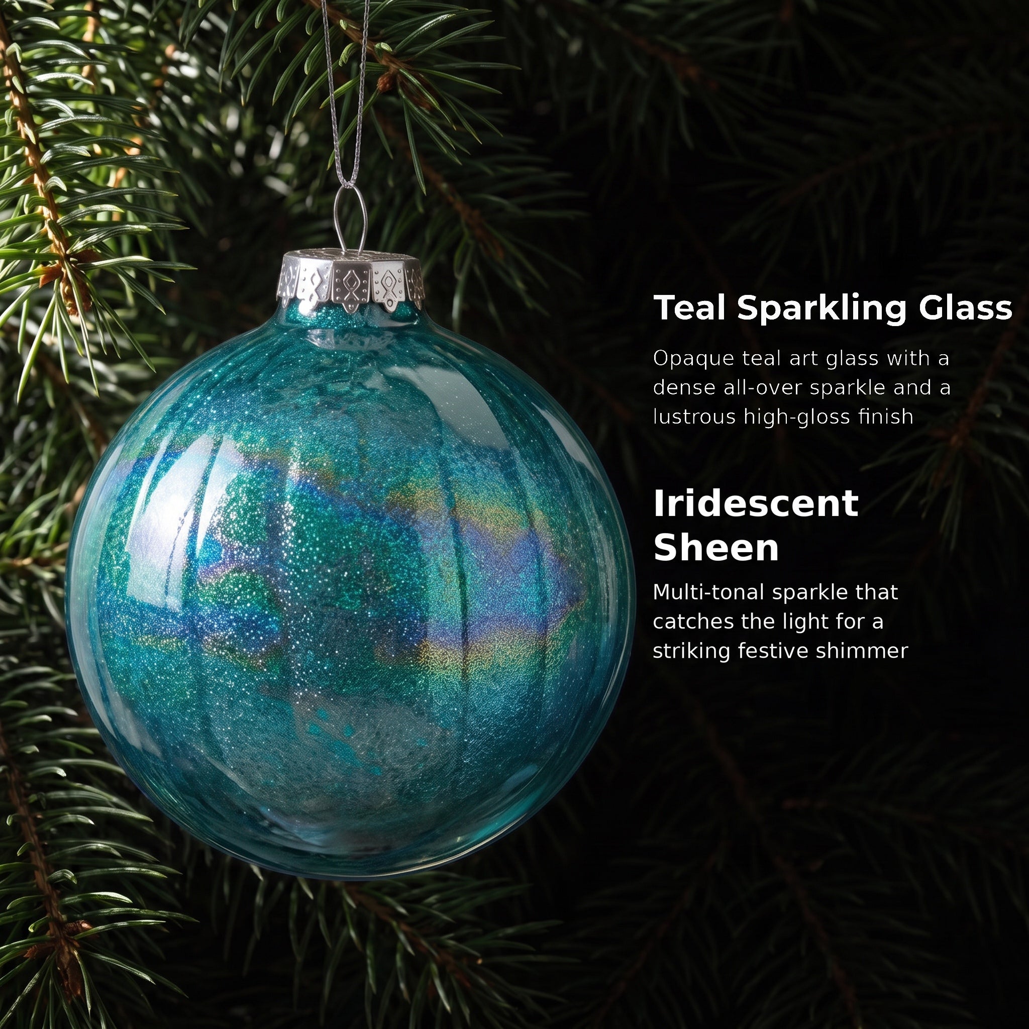 Christabelle 6 Teal Glass Christmas Baubles Textured Gloss 8cm Xmas Tree Decorations Hanging Ornaments Gift Boxed Set