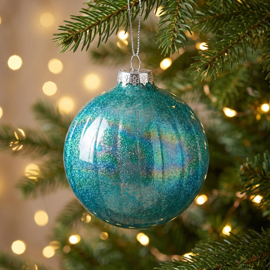 Christabelle 6 Teal Glass Christmas Baubles Textured Gloss 8cm Xmas Tree Decorations Hanging Ornaments Gift Boxed Set