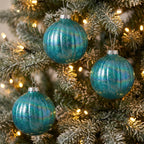 Christabelle 6 Teal Glass Christmas Baubles Textured Gloss 8cm Xmas Tree Decorations Hanging Ornaments Gift Boxed Set