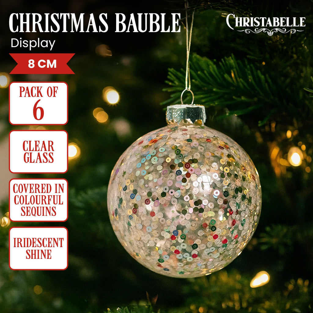 Christabelle Clear Glass Baubles 6Pcs with Colourful Sequins Balls Christmas Tree Decoration Ornament