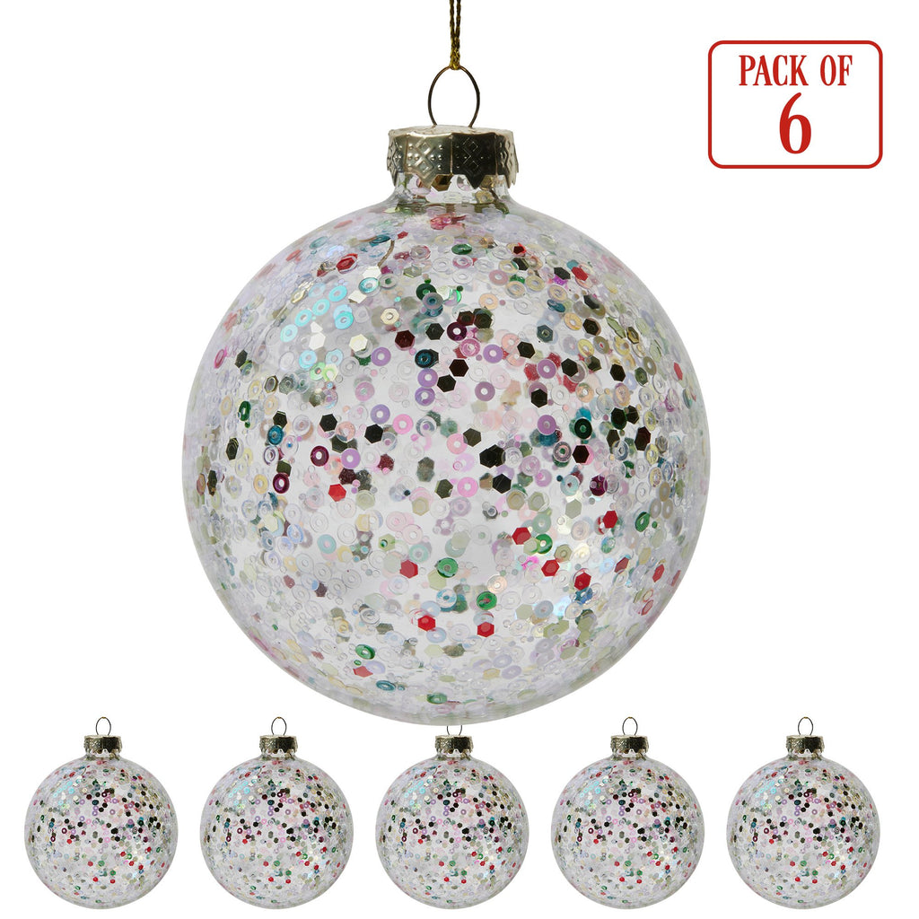 Christabelle Clear Glass Baubles 6Pcs with Colourful Sequins Balls Christmas Tree Decoration Ornament